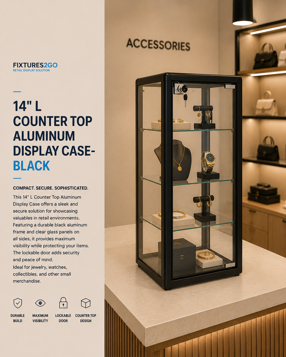 F4-6. 14" Black Aluminum Countertop Glass Display Case with Lock