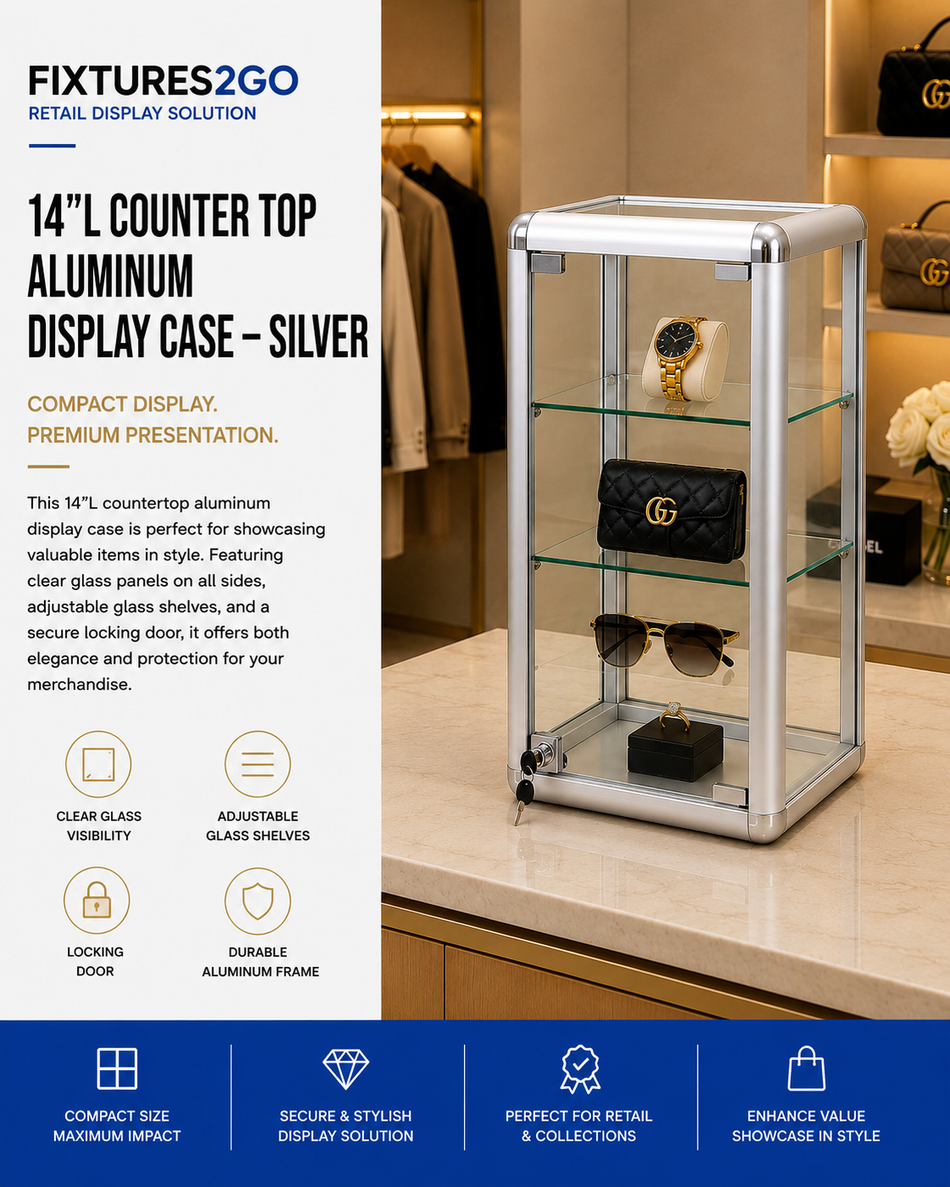 F4-9. 14"L COUNTER TOP ALUMINUM DISPLAY CASE- SILVER