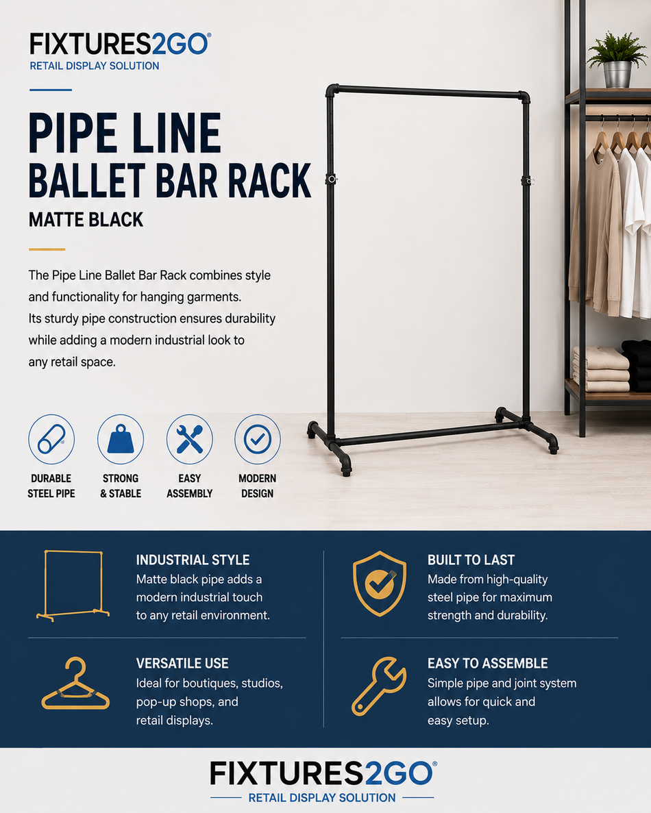 G1-17. Adjustable Pipe Line Ballet Bar Garment Rack – Matte Black