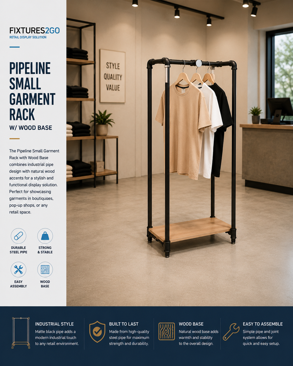 G1-21. PIPELINE SMALL GARMENT RACK W/ WOOD BASE