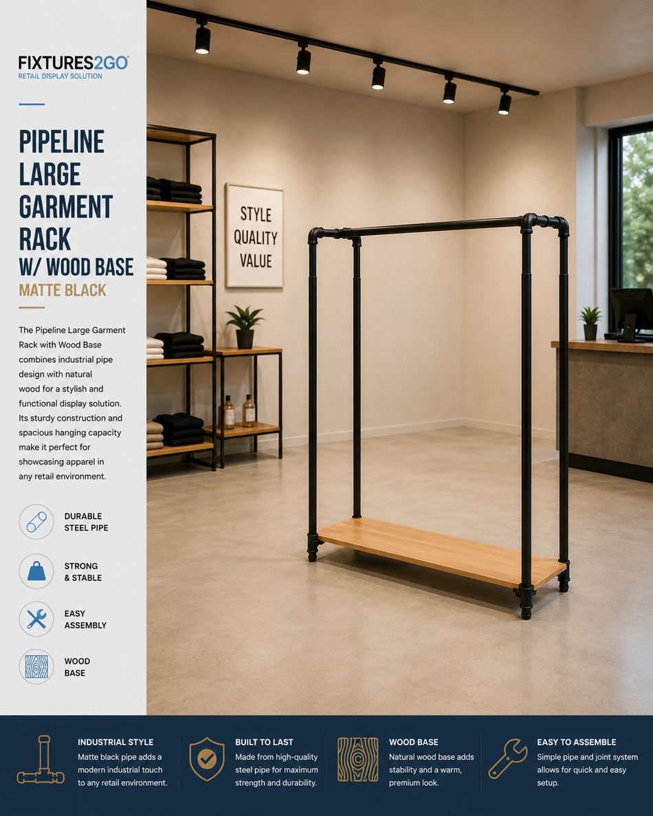 G1-27 Adjustable Pipe Line Garment Rack with Wood Base – Matte Black