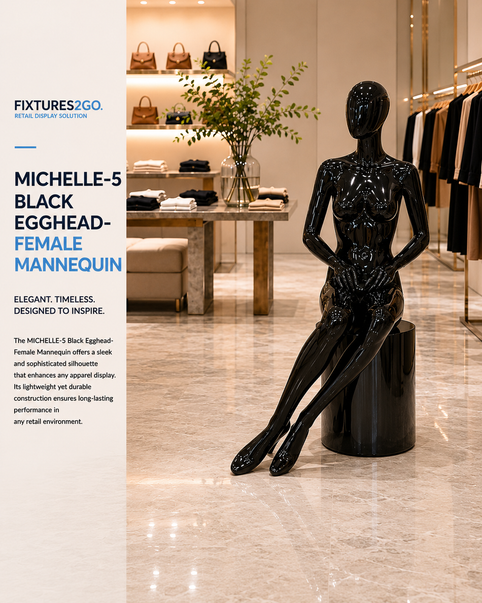 H1-20. MICHELLE/5 EGGHEAD SITTING FEMALE MANNEQUIN – GLOSSY BLACK