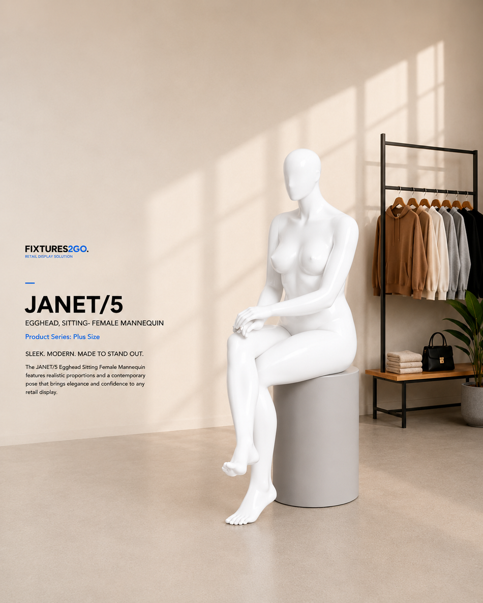 H2-2. JANET/5 PLUS SIZE EGGHEAD SITTING FEMALE MANNEQUIN – GLOSSY WHITE