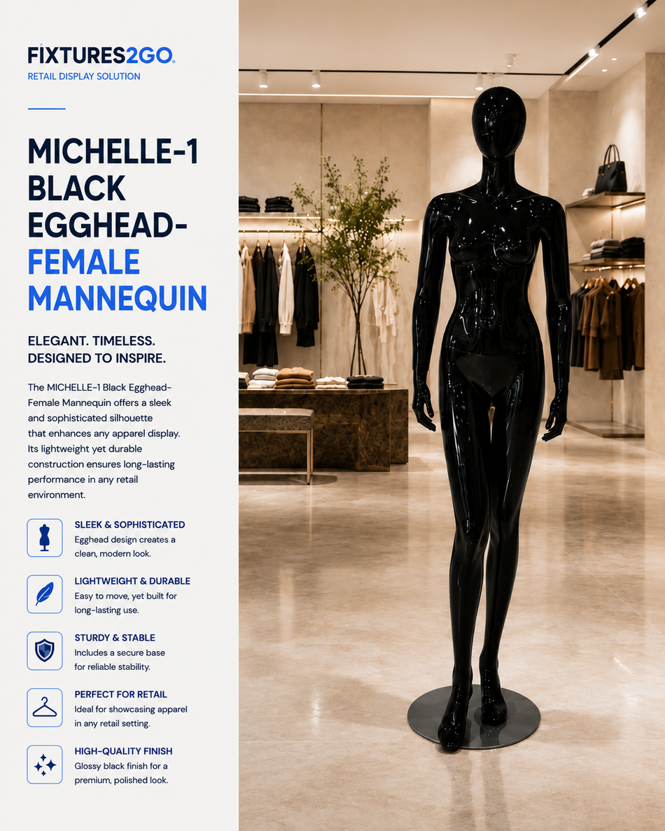 H1-12. MICHELLE-1BLACK EGGHEAD- FEMALE MANNEQUIN