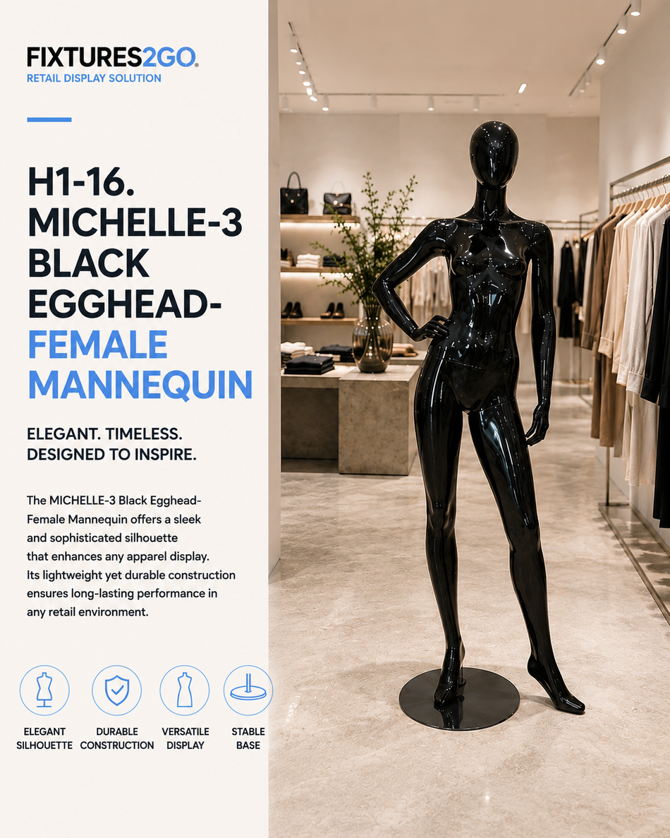 H1-16. MICHELLE-3BLACK EGGHEAD- FEMALE MANNEQUIN