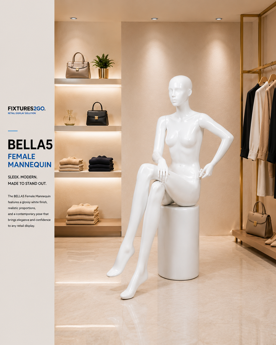 H1-29. BELLA5 GLOSSY WHITE, SITTING- FEMALE MANNEQUIN