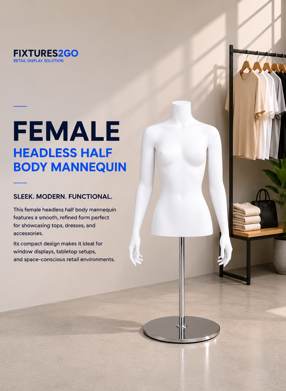 H3-22. FEMALE HEADLESS HALF BODY MANNEQUIN