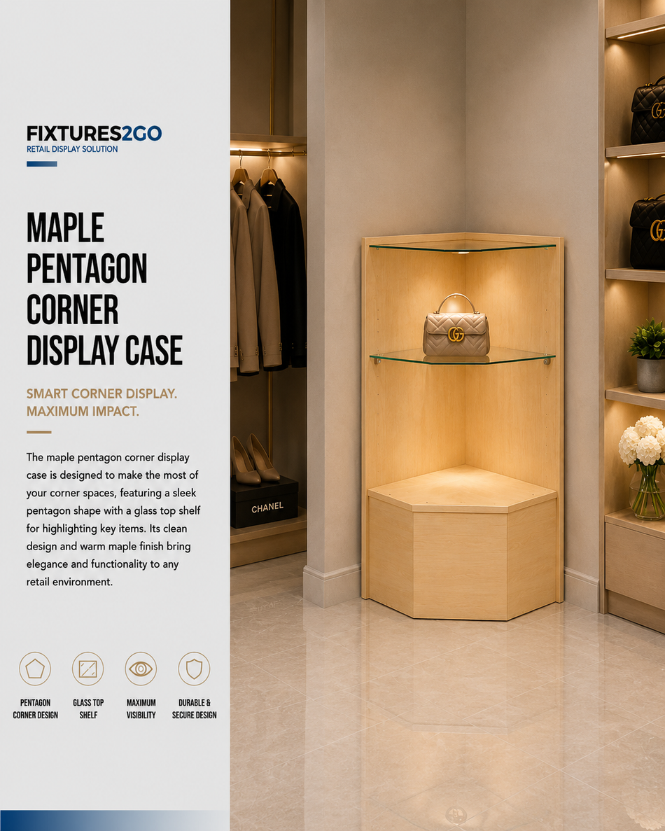 F3-15. Maple Pentagon Corner Glass Display Case with Adjustable Shelves