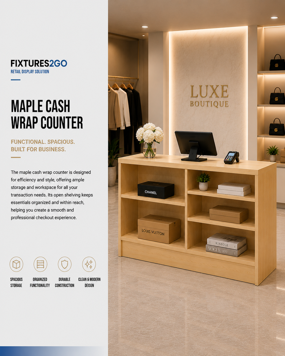F3-11. Maple Retail Cash Wrap Counter with Adjustable Storage Shelves