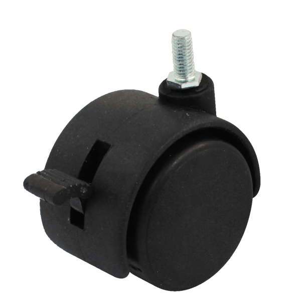 A-54. 2" Black Plastic Twin-Wheel Casters with Brakes and 3/8" Thread – Set of 4