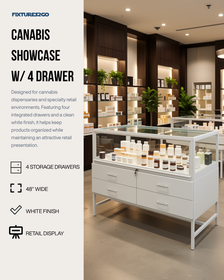 F2-13 Cannabis Retail Showcase with 4 Storage Drawers – White