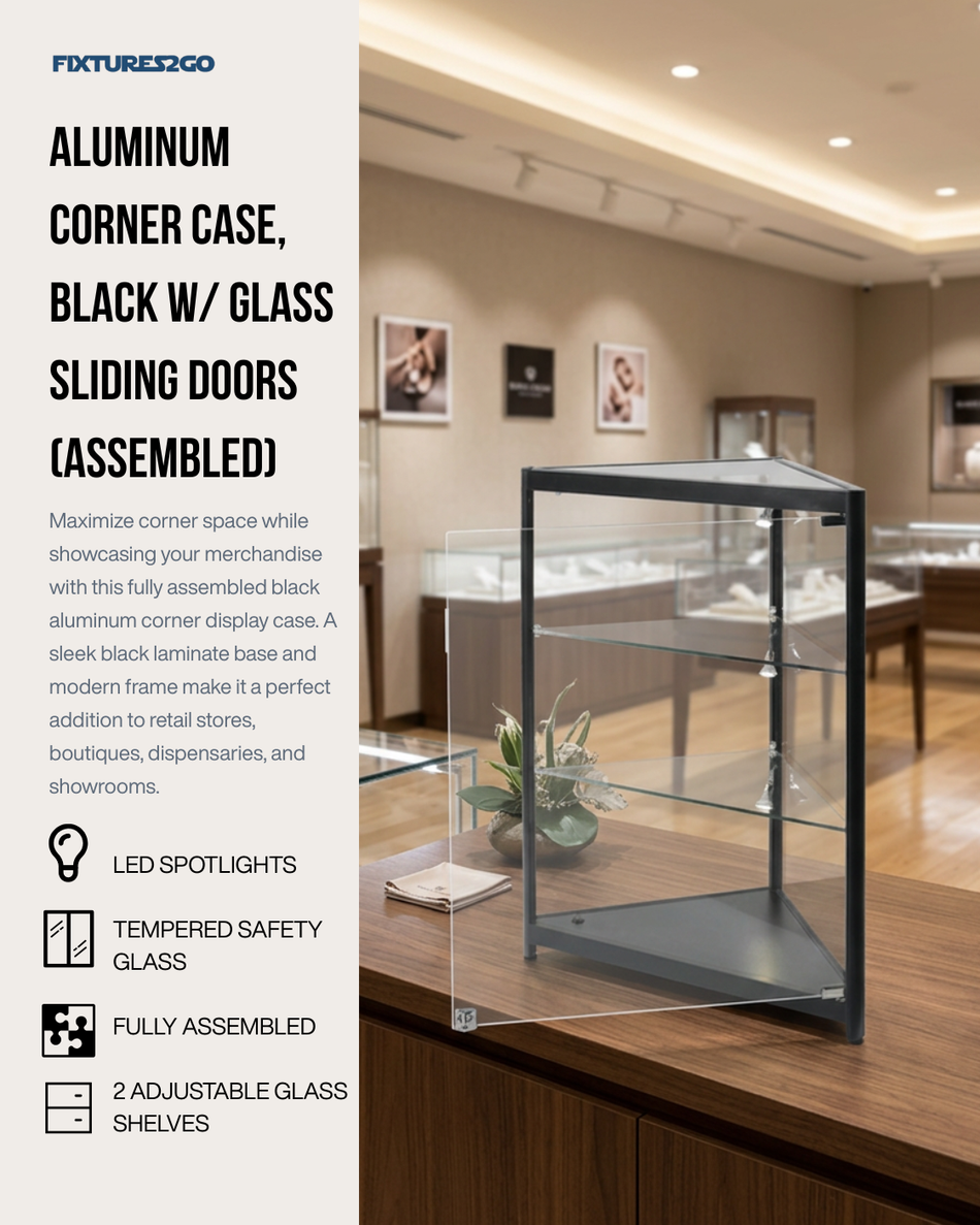 F2-16 Black Aluminum Corner Glass Display Case – LED Lighted, Assembled